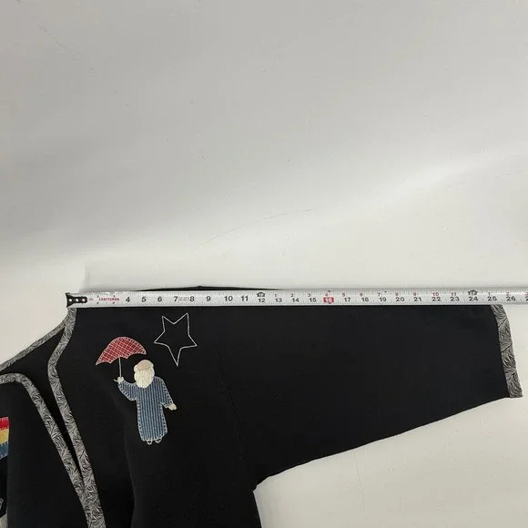 Unique Black Fleece Jacket Noah's Ark Animals Rainbow Applique Open Front Women - Picture 8 of 9